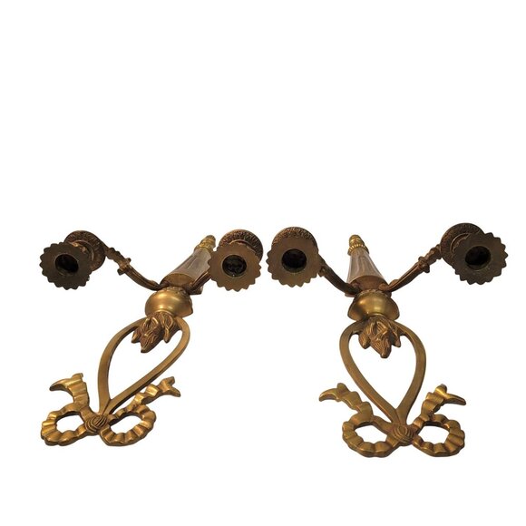 Wall Sconce Pair French Brass Flame and Bow Candle Neo Classical Early Century - Picture 3 of 10